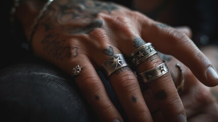 Intricately designed silver rings on tattooed hands displayed against a textured background in a close-up view
