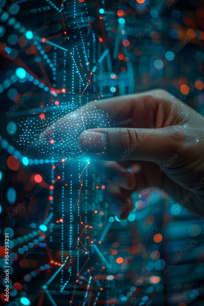 Poster a hand interacts with a digital interface displaying circuits and glowing elements at night
