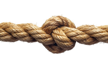 A close-up of a rope tied in a knot, set against a clean white background, emphasizing the texture and detail of the fibers.