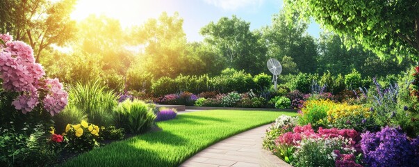 Fototapeta premium Eco-friendly garden with vibrant flowers and solar panels on a sunny day, showcasing sustainable gardening practices and green building technology