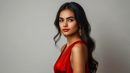 Fototapeta premium A young, 26 year old Indian woman with long, dark curly hair wearing a red dress