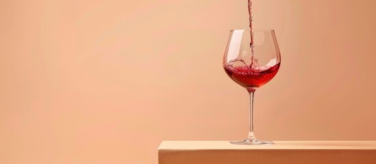 Red Wine Pouring In Levitating Wineglass Over Peach Background