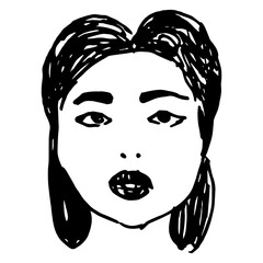 Female face. Portrait of a beautiful young woman. Head of a pretty sad brunette girl. Hand drawn linear doodle rough sketch. Black and white silhouette.