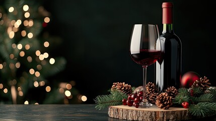 A festive arrangement showcases a red wine bottle and glass alongside fresh grapes, pine cones, and Christmas decorations on a rustic wooden platter, with twinkling lights in the background.
