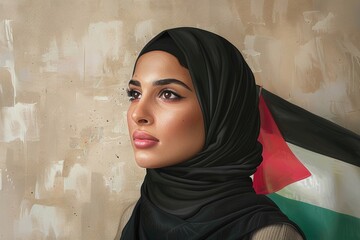 Young Muslim woman with Palestine flag on beige background. Sorrow concept