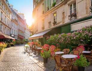 Obraz premium Charmante rue pavée de Paris, avec des fleurs et des boutiques.