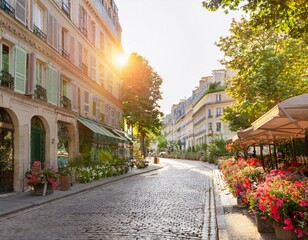 Charmante rue pavée de Paris, avec des fleurs et des boutiques.