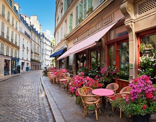 Charmante rue pavée de Paris, avec des fleurs et des boutiques.