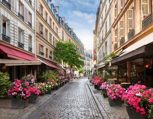 Charmante rue pavée de Paris, avec des fleurs et des boutiques.