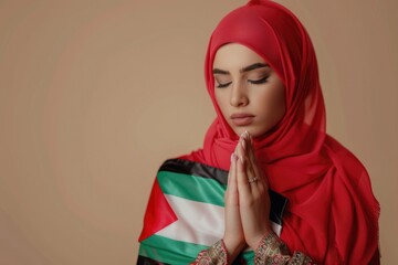 Beautiful young Muslim woman with Palestine flag praying on beige background. Sorrow concept