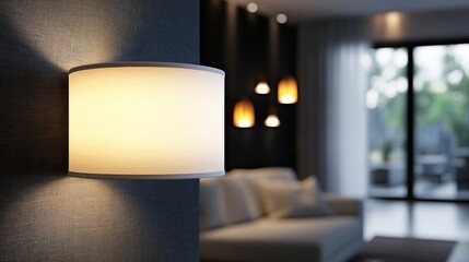A close-up of a beautiful lamp with black details in a bedroom. Chic wall lamp in a cozy bedroom.