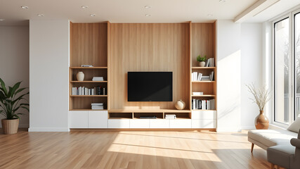White and wooden home living room interior with shelf and books, minimalist decoration in contemporary apartment and empty space. Generative AI