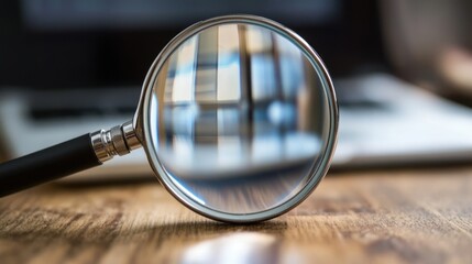 Fototapeta premium Magnifying Glass on Wooden Surface with Blurred Laptop in Background