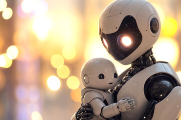 Fototapeta premium A heartwarming moment between two robots embracing each other in a tender hug with warm bokeh lights in the background