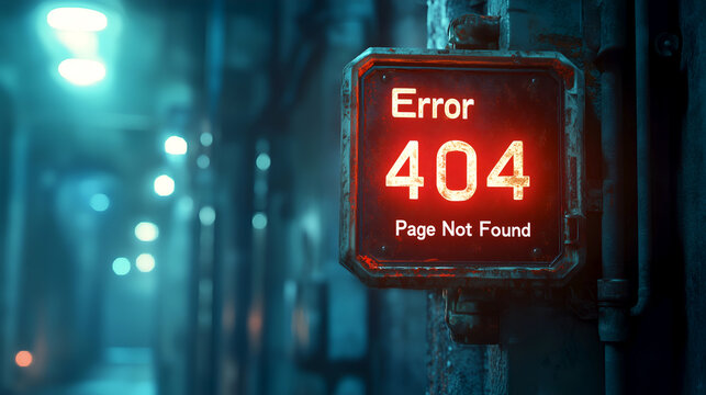 Glowing neon "Error 404 Page Not Found" sign in a dark, industrial setting. Great for use in tech themed websites, digital projects, or futuristic web design layouts - Powered by Adobe