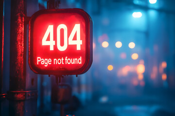 Glowing neon "Error 404 Page Not Found" sign in a dark, industrial setting. Great for use in tech themed websites, digital projects, or futuristic web design layouts
