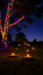 A festive Diwali background capturing an outdoor setting with strings of colorful lights draped across trees create with ai