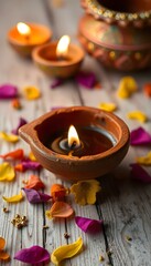 A traditional Diwali background focused on a detailed close-up of a handmade clay diya create with ai