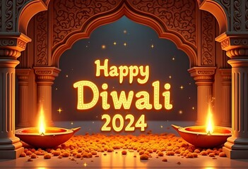 artistic 'Happy Diwali 2024' text framed by traditional Indian architecture, with marigold flowers decorating the scene create with ai