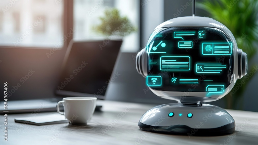 Aufkleber a futuristic ai robot with glowing interface icons on a desk