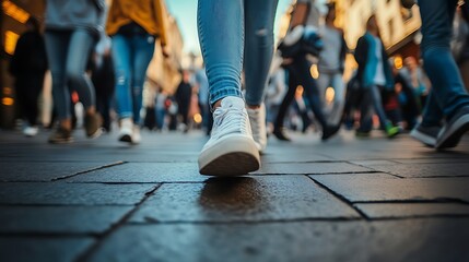 Low Angle View of Feet Walking in a Crowd of People on a City Street