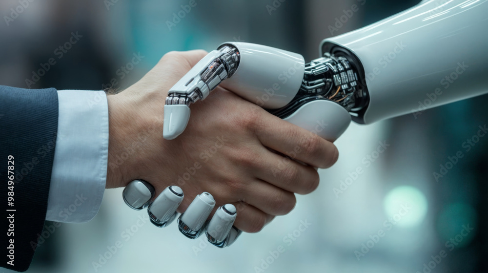 Poster human and robot hands engage in a firm handshake symbolizing unity between humans and technology