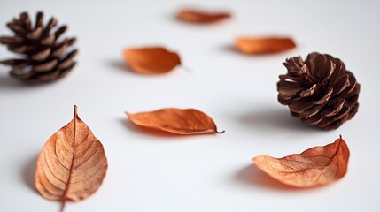 Autumn Leaves and Pine Cones on a White Background