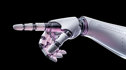 Humanoid robot hand with pink lights pointing finger on a black background