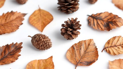 Obraz premium Autumn Leaves and Pine Cones on White Background