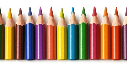 This artwork features an array of bright crayons and pencils lined up neatly against a pristine white background, showcasing a palette of colors ideal for creative projects