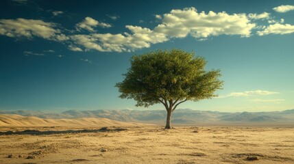 Fototapeta premium Solitary Tree in a Vast, Sandy Desert Landscape