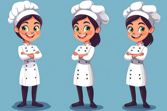 Smiling cartoon chef girl character with arms crossed in three poses, animation, restaurant mascot