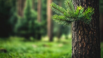 A low-angle perspective reveals the intricate textures of a pine tree trunk, bathed in moody lighting, highlighting the dark green and brown hues of the forest