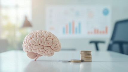detailed brain model placed next to a stack of coins on a sleek office desk, symbolizing the connection between intelligence and financial success, with a soft-focus background fea