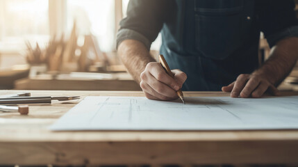 A wood designer in a workshop, sketching plans on a wooden plank with tools and blueprints scattered around, highlighting craftsmanship and creativity photo