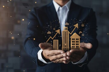 Business professional holding a digital representation of growing financial graphs and charts in their hands during a business meeting