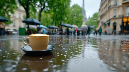 A cup of coffee on a saucer in the rain, AI