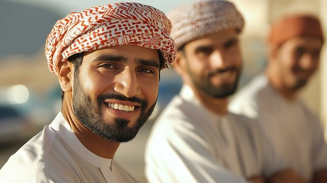 Smiling man wearing traditional Omani headwear, a kumma, with friends in the background.