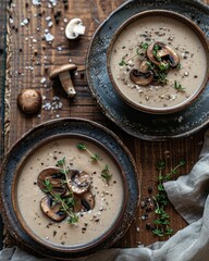 A cozy arrangement of mushroom soup served in rustic bowls, garnished with herbs, set against a wooden backdrop, Ideal for culinary blogs, recipe books, or food-related marketing materials,