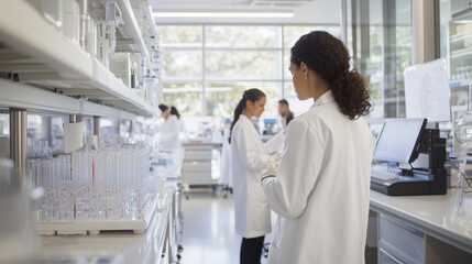 overview of a biotechnology research lab with scientists collaborating on genetic experiments, showcasing sophisticated laboratory equipment, including incubators and sequencers, a