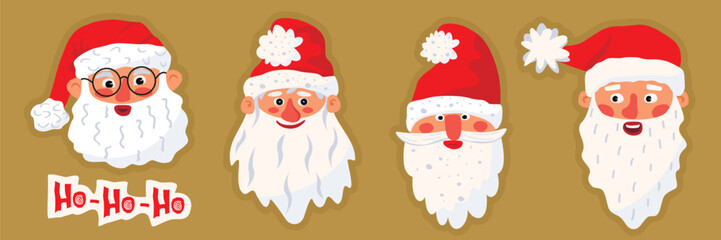 Santa Claus Heads Set.Cartoon characters isolated on beige background.Funny faces, beards, caps with pompoms.Vector design for printing on fabric and paper.Stickers,banner,card.Flat illustration.
