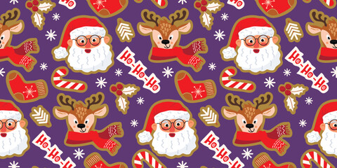 Funny seamless pattern with Santa and reindeer.Christmas background with characters heads,sock,holly,handwritten and snowflakes.Festive print on fabric and paper.Vector flat cartoon illustration.