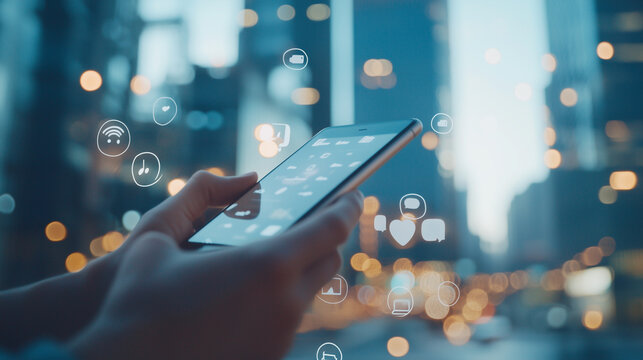close-up of hands holding smartphones, with social media notifications and messages visibly displayed on the screens, set against a blurred cityscape backdrop, emphasizing the inte
