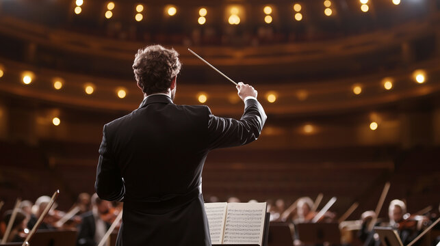 male conductor leading a classical orchestra, passionately directing the musicians with a baton, highlighting the energy and collaboration in a live performance environment. photo