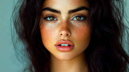 Beautiful brunette Latina woman with full lips, freckles, and dark brown eyes.