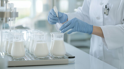 laboratory scene featuring multiple samples of alternative milk products on a workstation, with a food scientist conducting tests, highlighting the growing trend and research in al