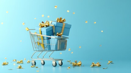 A shopping cart filled with gift boxes on a blue background.