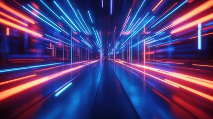Obraz premium Abstract neon light streaks in a dark futuristic tunnel.