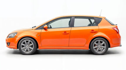 Modern orange car, side view on white background