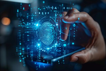 A person using fingerprint scanning technology on a smartphone to access secure data in a digital environment
